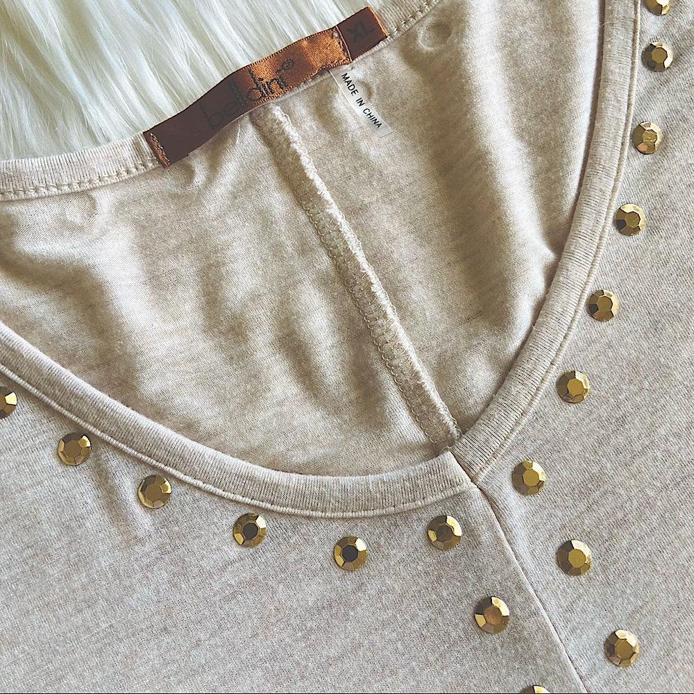 Belldini Beige / Cream with Gold Studs V-Neck Cold Shoulder Women's Top / Blouse